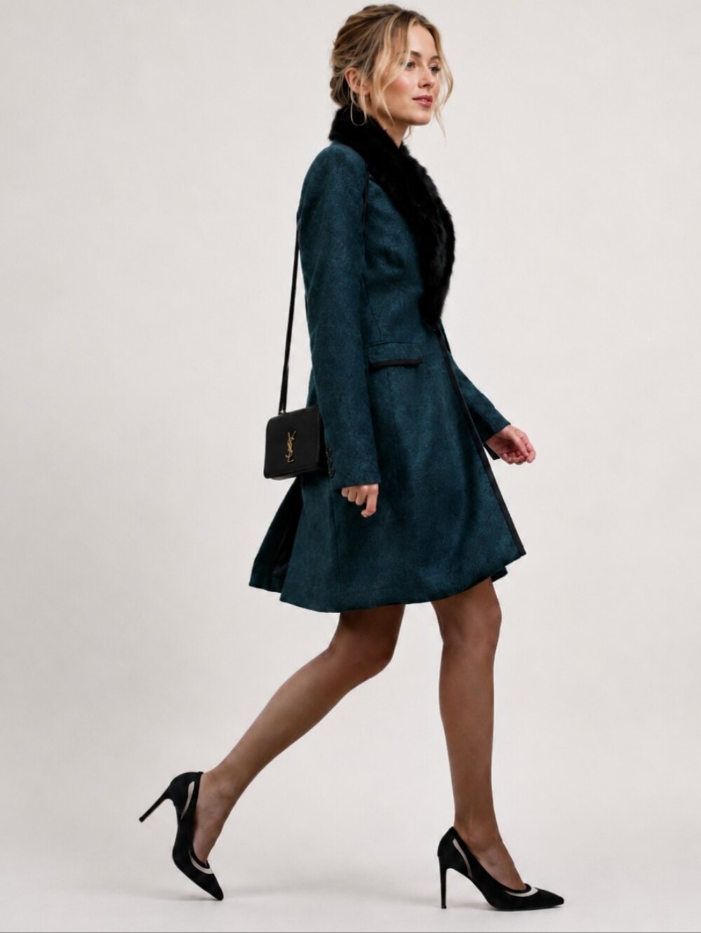 Banana Republic Emerald Green Italian Wool Coat Fur Trim